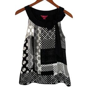 Monsoon Silk Blend Sleeveless Blouse Black & White Patchwork, Tie Neck, Size 6